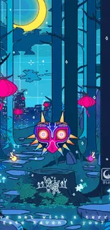 Vibrant forest night scene with mystical elements and glowing lanterns.