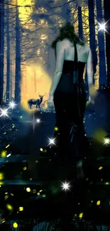 Mysterious woman in dark forest with stars, glowing deer in distance.