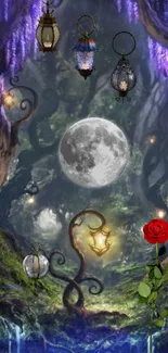 Mystical forest wallpaper with moon, lanterns, and a red rose.