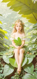 A forest nymph surrounded by lush green leaves.