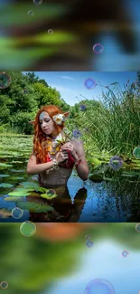 Enchanted forest nymph standing in a pond with greenery and bubbles.