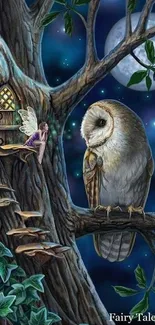 Owl and fairy in a tree at night under a moonlit sky, magical forest wallpaper.