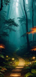 Magical forest path with glowing lights and green foliage atmosphere.