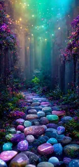 Enchanted forest path with colorful stones and magical lights.