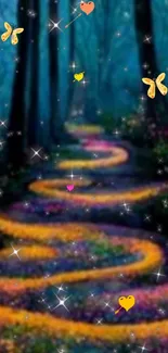 Enchanted forest path with magical lights and butterflies.