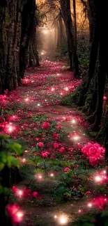 Enchanting pink-flowered forest path with twinkling lights.