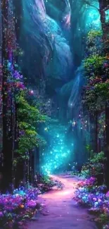 Mystical forest path with vibrant blues and purples.