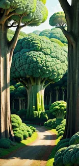 Enchanted forest path with towering trees and lush greenery.