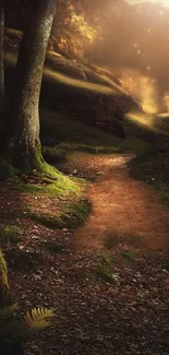 Sunlit forest path with lush greenery and a golden waterfall.