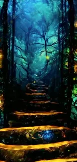 Mystical forest path with glowing lights and vibrant colors.