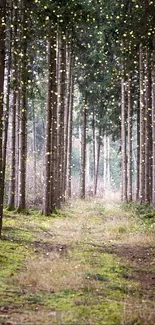 Enchanted forest path with glowing lights and tall trees, creating a magical scene.