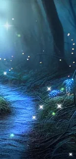 Magical forest path with glowing lights and enchanted atmosphere