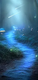 Enchanted forest path with glowing blue mushrooms and mystical light.