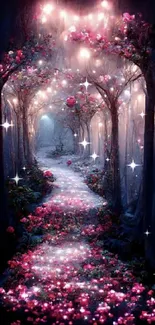 Enchanted forest path with glowing pink flowers.