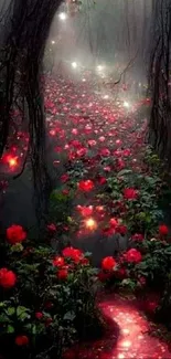 Magical forest path with red glowing roses and dim light.