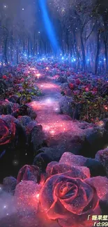 Enchanted forest path with glowing roses and blue light.