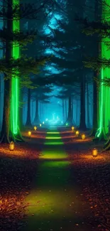 Enchanted forest path with green lights and lanterns glowing at night.