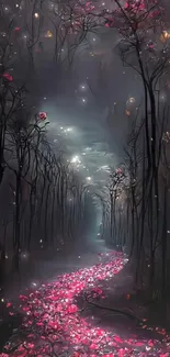 Enchanted forest pathway with glowing flowers and dark trees.