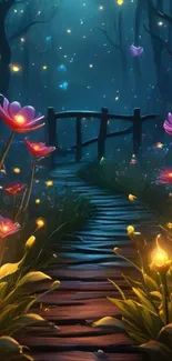 Enchanting pathway through glowing flowers in a mystical forest at night.