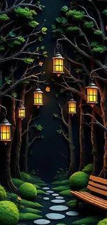 Forest path with glowing lanterns and a bench at night.
