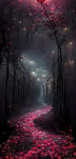 Enchanted forest with pink petal path and glowing trees in a mystical dark setting.