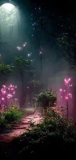 Mystical forest path with glowing pink butterflies.