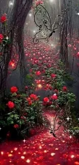 Enchanted forest path with red flowers and mystical ambiance.