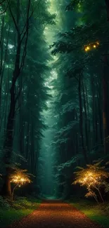 Serene emerald forest with illuminated pathway and glowing lights.