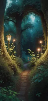 Enchanting forest pathway with glowing lanterns and lush greenery.