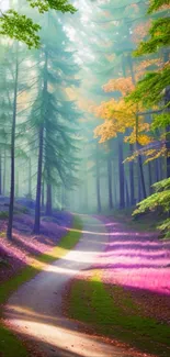 Enchanted forest pathway with vibrant purple flowers and tall green trees.