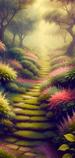 Enchanted forest path with lush greenery and colorful flowers.