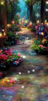 Enchanted forest pathway with vibrant glowing flowers and lanterns.