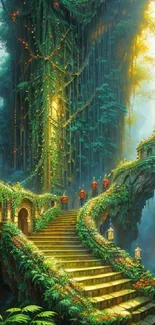 Enchanted forest scene with stairs and lush greenery.