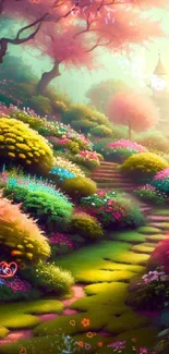 Enchanting forest path with colorful flowers and trees.