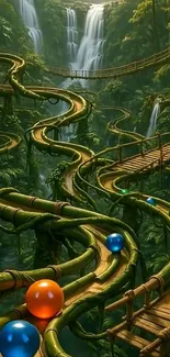Magical forest with winding pathways and colorful orbs in a lush jungle scene.