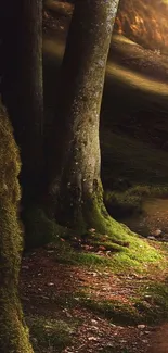 Enchanting forest path with tree trunks and mossy ground.