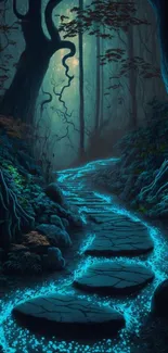 Glowing pathway through an enchanted forest with teal hues and mystical ambiance.