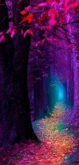 Mystical purple forest with neon pathway.