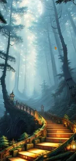 Enchanted forest pathway with glowing stairs.