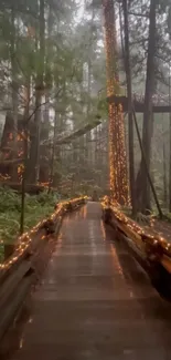 Foggy forest path with enchanting fairy lights.