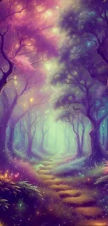 Magical forest wallpaper with glowing path.