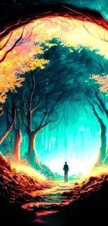 A mystical forest scene with vibrant colors and a silhouette walking the path.