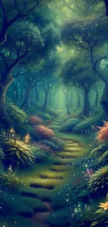 Enchanted forest with a mystical green pathway and glowing lanterns.