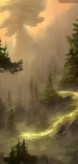 Mystical forest wallpaper with winding path.