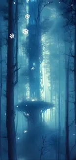 Enchanted blue forest phone wallpaper with a mystical tree.