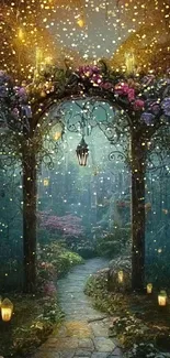 Enchanted forest with lanterns and floral archway wallpaper.