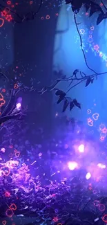 Mystical forest wallpaper with purple and blue hues and glowing heart shapes.