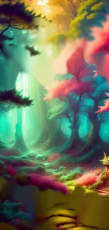 Fantasy forest wallpaper with vibrant colors and a mystical atmosphere.