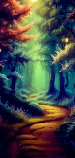 Enchanted forest wallpaper with a glowing path.