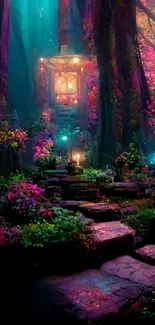 Enchanted forest wallpaper with lanterns and vibrant flowers.